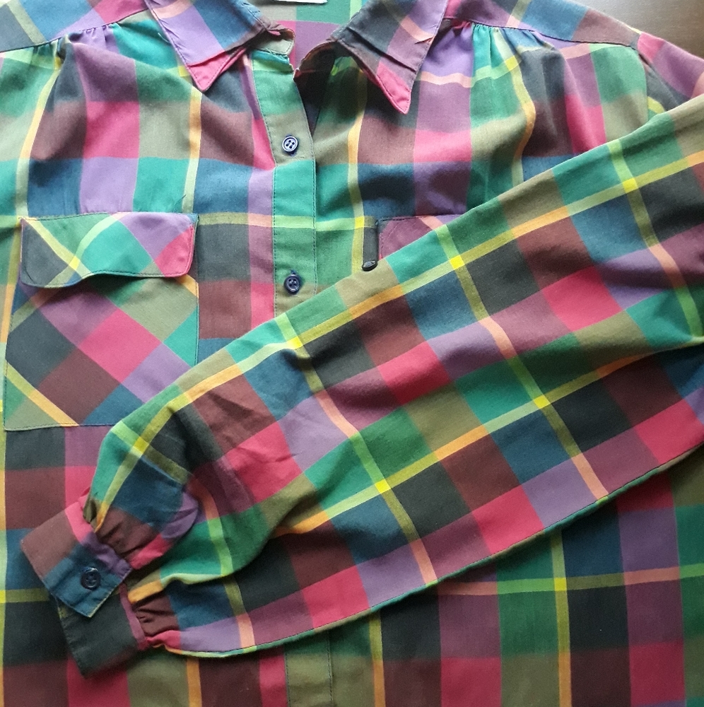 70s Rhoda Lee Colorful Plaid Button-Up Shirt Blouse Cottagecore